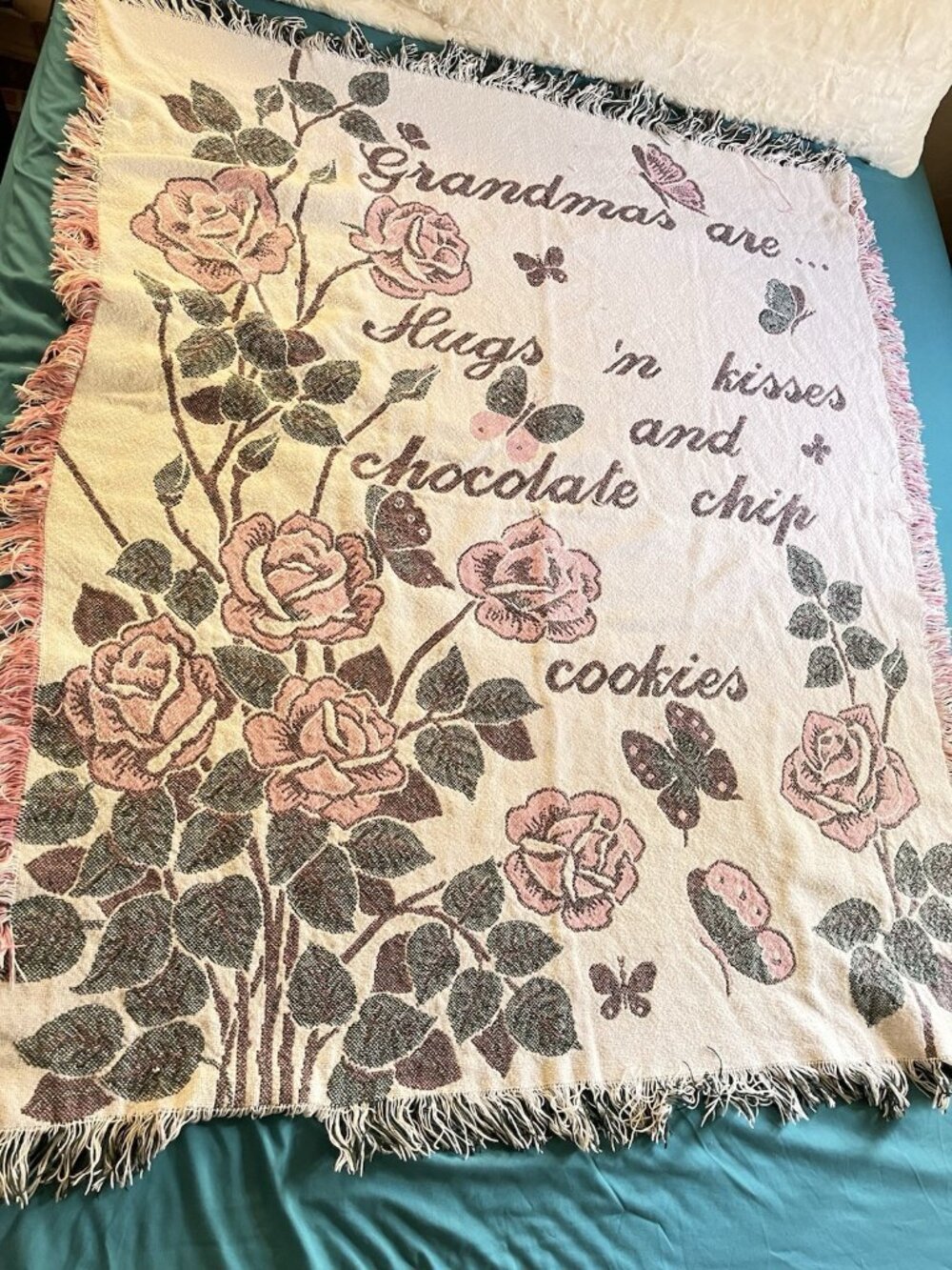 VTG Bless Grandma Tapestry Throw Blanket Granny Cottage Core Butterfly Roses